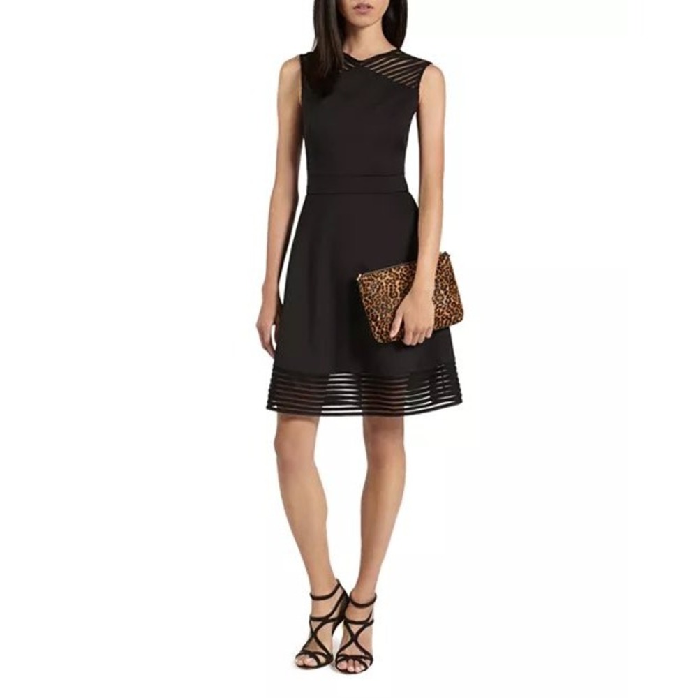 Ted Baker London Eleese Black Mesh Stripe Fit Flare Dress Rose Gold‎ Zip 3 US 8